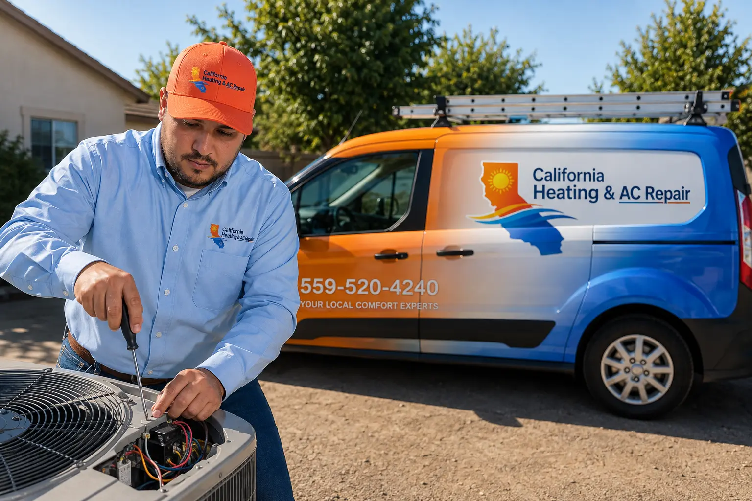 California Heating & AC Repair technician performing AC repair at a Fresno home