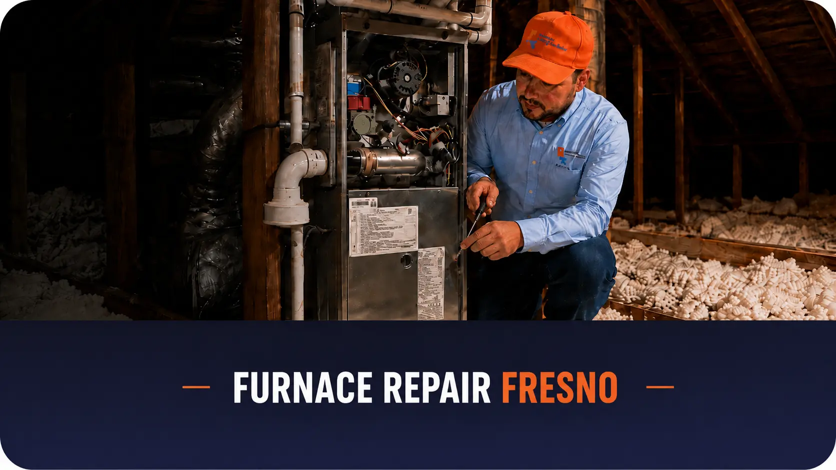 Furnace repair technician servicing a gas furnace in Fresno, California