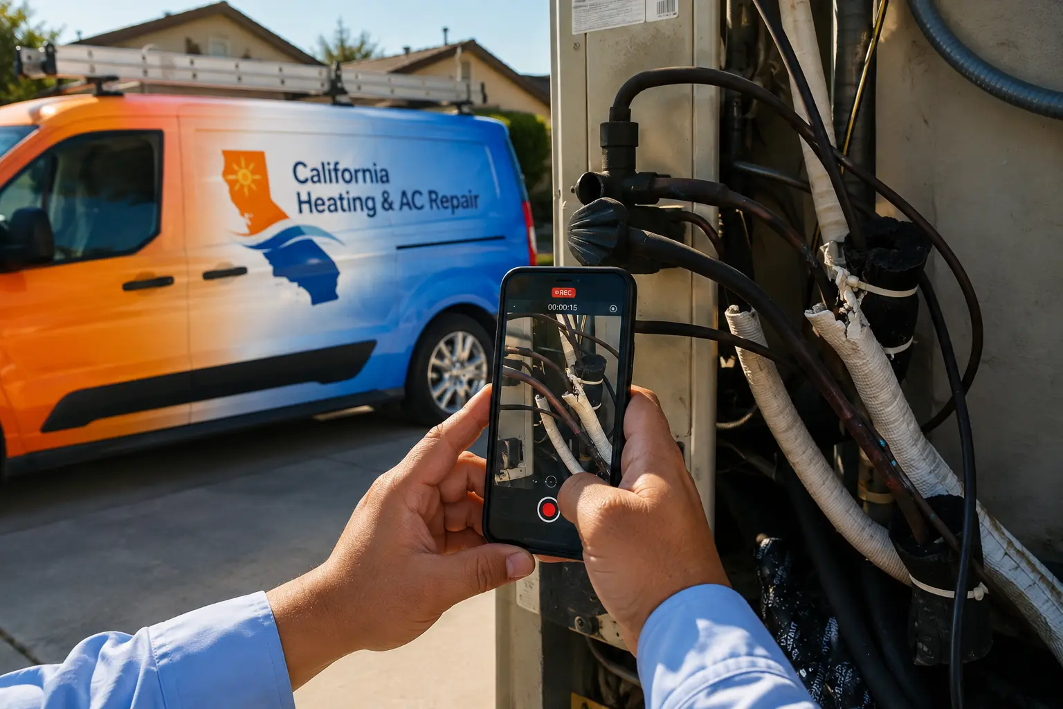 California Heating & AC Repair technician photographing a fault inside an HVAC system in Fresno